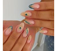Teal Sunburst Almond Press On Nails - 24Pcs Short Oval Stick On Nails with Marble French Tips, 3D Gold Line Design, Cute Winter Floral Art for Women (Teal Sunburst Dream)