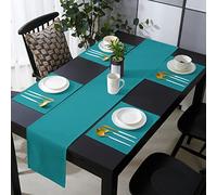 Teal Table Runner and Placemats Set of 4 Blue Green Solid Color Cotton Linen Dining Table Runner 70 Inch and Washable Table Mats 4 Pcs Kits for Home Kitchen Decor