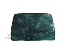 Teal Tree in Moonlight Makeup Bag for Women Cosmetic Bags Leather Travel Makeup Case Organizer Waterproof Make up Pouch Open Flat Toiletry Bag Portable Storage Pouch for Travelling, Gold, One Size
