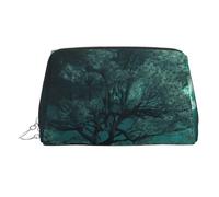 Teal Tree in Moonlight Makeup Bag for Women Cosmetic Bags Leather Travel Makeup Case Organizer Waterproof Make up Pouch Open Flat Toiletry Bag Portable Storage Pouch for Travelling, Silver, One Size