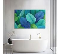 Teal Tropical Botanical Blue Leaves Striped Large Framed Canvas Wall Art 100L x 75W cm, Modern Gallery Wrapped Painting Canvas for Lounge & Bedroom - High Quality Prints Ready to Hang