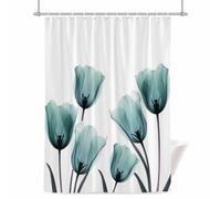 Teal Tulip Shower Curtain for Bathroom, X-ray Flower Transparent Floral Plant Waterproof Cloth Fabric Bathroom Accessories Set with 12 Rust Proof Plastic Hooks, 66” x 72”