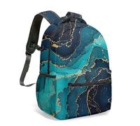 Teal Turquoise Fluid Swirl 16 Inch Backpack Abstract Gold Marble All-Over Print Mineral Liquid Art Commuter Travel Bag (04)