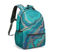 Teal Turquoise Fluid Swirl 16 Inch Backpack Abstract Gold Marble All-Over Print Mineral Liquid Art Commuter Travel Bag (01)