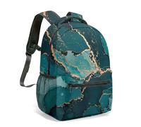 Teal Turquoise Fluid Swirl 16 Inch Backpack Abstract Gold Marble All-Over Print Mineral Liquid Art Commuter Travel Bag (03)