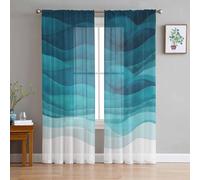 Teal Turquoise Waves Sheer Curtains 96 Inch Length 2 Panels Set for Living Room/Bedroom, Ombre Coastal Ocean Water Abstract Semi Curtain Sheers Drapes Rod Pocket Curtains Window Treatment 52''x96''x2