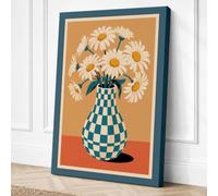 Teal Vase Daisies Retro Canvas Wall Art Print 18x12 Inch (46 x 30 cm)