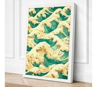 Teal Wave Pattern Japandi Canvas Wall Art Print 24x16 Inch | Ready to Hang, Gallery Wrapped, Fade-Resistant Inks, Securely Packaged, UK Made