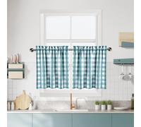 Teal White Buffalo Plaid Cafe Curtains 30 Inch Length,Dark Blue Buffalo Check Half Window Kitchen Curtains, Gingham Rod Pocket Short Tier Curtain for Kitchen Bathroom, 28"W x 30"L, Teal/White Set of 2