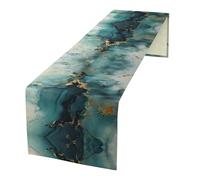 Teal White Gold Marble Table Runner, Teal White and Gold Abstract Texture Marble Pattern Print for Home Kitchen Table Decor Dining Coffee Room Party Decor 13x90in