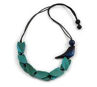 Teal Wood Leaf and Dark Blue Wood Bird Cotton Cords Necklace - 80cm L Adjustable