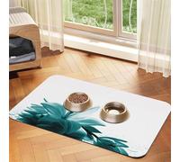 Teal Zen Stone Flower Patterned Pet Feeding Mat with Water-Absorbing PU Top & Rubber Base - Anti-Slip Dog Cat Food Mat for Cats, Dogs & Pets, 30x45cm