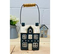 Tealight Candle Holder Housewarming Gift Cottage Ceramic Village Pottery House Ornament (Blue House With Handle (16cm))