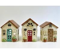 Tealight Candle Holders Housewarming Gift Village Pottery House Ornament Garden Shed (Red Door Single House)