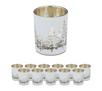 Relaxdays Set of 12 Tealight Holders, with Christmas Tree Design, HxDiam.: 8.5 x 7 cm, Votive Candle Glass, White/Gold