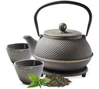 Tealøv TEAPOT CAST Iron Set | Complete Set Cast Iron Teapot with Infuser, Matching Teacups and Trivet | Fully Enamelled Inside | Tea Set in Fine Japanese Style Design (Black/Gold, 800 ML)