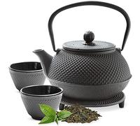Tealøv TEAPOT CAST Iron Set | Complete Set Cast Iron Teapot with Infuser, Matching Teacups and Trivet | Fully Enamelled Inside | Tea Set in Fine Japanese Style Design (Black, 800 ML)