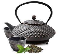 Tealøv TEAPOT CAST Iron Set | Complete Set Cast Iron Teapot with Infuser, Matching Teacups and Trivet | Fully Enamelled Inside | Tea Set in Fine Japanese Style Design (Black/Copper, 1.25 Liter)