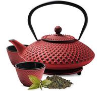 Tealøv TEAPOT CAST Iron Set | Complete Set Cast Iron Teapot with Infuser, Matching Teacups and Trivet | Fully Enamelled Inside | Tea Set in Fine Japanese Style Design (Japanese Red, 1.25 Liter)
