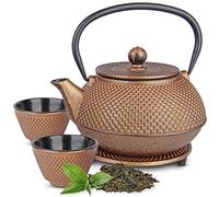 Tealøv TEAPOT CAST Iron Set | Complete Set Cast Iron Teapot with Infuser, Matching Teacups and Trivet | Fully Enamelled Inside | Tea Set in Fine Japanese Style Design (Full Copper, 800 ML)