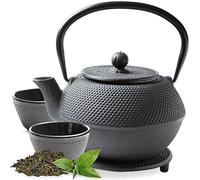 Tealøv TEAPOT CAST Iron Set | Complete Set Cast Iron Teapot with Infuser, Matching Teacups and Trivet | Fully Enamelled Inside | Tea Set in Fine Japanese Style Design (Black, 1100 ML)