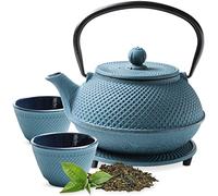 Tealøv TEAPOT CAST Iron Set | Complete Set Cast Iron Teapot with Infuser, Matching Teacups and Trivet | Fully Enamelled Inside | Tea Set in Fine Japanese Style Design (Blue, 800 ML)