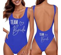 Team Bride One Piece Swimming Costume Push Up Tummy Control Swimwear Women's Vintage Push Up Swimsuits High Waist with Lettering Print Swim Suits for Honeymoon Beach and Summer Holiday Blue