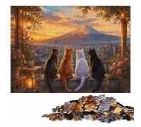 Team Cat Looking Sunset Mount Fuji Adult Wooden Jigsaw Puzzle | Christmas gift for puzzle lovers: home hobby for puzzle fans on quiet evenings.