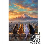 Team Cat Looking Sunset Mount Fuji Jigsaw Puzzle for Adults, 1000 Pieces, 52x38cm/1000pcs, Screen-Free Activity, Relaxing Indoor Time And Time at Home