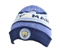 Team Direct Manchester City FC Turn Up Melange Knitted Beanie Hat, Sky Blue, Navy and White Striped