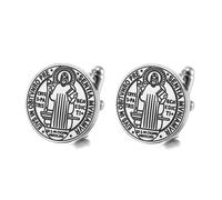 TEAMER Catholic Saint Benedict Seal Cufflinks Stainless Steel St. Benedict Cufflinks Jesus Cross Religious Amulet of Strength Peace Prayer Jewelry For Men, 18*18mm, Stainless Steel, no gemstone