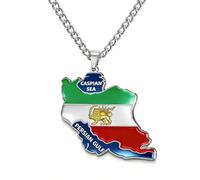 TEAMER Iran Map Pendant Necklace Persian Empire Lion & Sun Flag With Caspian Sea & Persian Gulf Necklace For Women Men, 28*30mm, Stainless Steel, No Gemstone