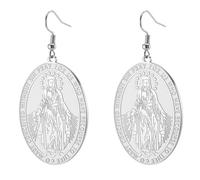 TEAMER Miraculous Virgin Mary Medal Earring Stainless Steel Delicate Mary Medallion Earrings Religious Faith Protection Jewelry For Women Men (Silver)