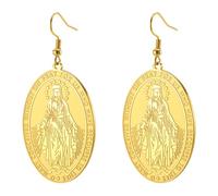 TEAMER Miraculous Virgin Mary Medal Earring Stainless Steel Delicate Mary Medallion Earrings Religious Faith Protection Jewelry For Women Men (Gold)