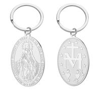 TEAMER Miraculous Virgin Mary Medal Keychain Stainless Steel Mother Mary Medallion Pendant Religious Faith Talisman Jewelry, Silver, 44*27mm