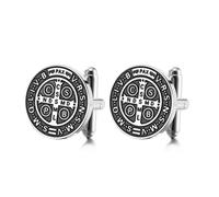 TEAMER St Benedict Cufflinks Stainless Steel St Benedict Cufflinks Jesus Cross Religious Catholic Amulet of Strength Faith Protection Peace Prayer Jewellery for Women Men, 18*18mm, Stainless Steel, No