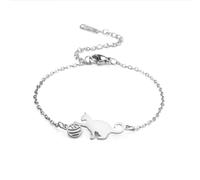 TEAMER Stainless Steel Cat Bracelet Crescent Moon Cute Cat Bracelet lying Cat Bracelet Double Layer Beads Chain Bracelet Cat Lover Jewelry For Women (Cat and Ball - Silver)