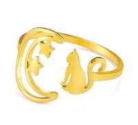 TEAMER Stainless Steel Cute Cat Ring Crescent Moon Star Cat Ring Resizable Full Moon Cats Ring Cat Lover Jewelry For Women (Crescent Moon Star Cat - Gold, Adjustable)