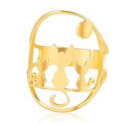 TEAMER Stainless Steel Cute Cat Ring Crescent Moon Star Cat Ring Resizable Full Moon Cats Ring Cat Lover Jewelry For Women (Three Sitting Cats Full Moon - Gold, Adjustable)