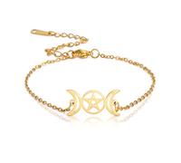 TEAMER Triple Moon Goddess Chain Bracelet Pentagram Wax Rope Bracelet Stainless Steel Pentacle Pentagram Wiccan Charm Witch Jewelry For Women (Triple Moon Goddess - Gold)