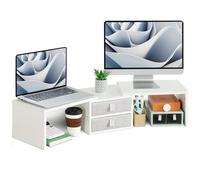 TEAMIX Dual Monitor Stand Riser with 2 Drawers - Length and Angle Adjustable White Monitor Stand with Storage Large Computer Riser for 2 Monitors/Laptop/PC, Wood Screen/TV Stand Desk Organizer