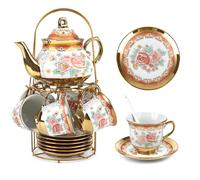 TeamSky 20Pcs Porcelain Afternoon Tea Cup Set with Metal Stand - Vintage Ceramic Tea Set for 6, Tea Cup and Saucer Sets for Adults, Elegant Floral Design, Suitable for Home, Gatherings and as a Gift