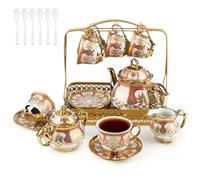 TeamSky 22Pcs Tea Cup Set with Metal Basket - Vintage Porcelain Tea Set for 6, Afternoon Tea Set, Includes 37 oz Tea Pot, 7 oz Teacup, Saucer, Sugar Jar, Cream Jug, Perfect for Wedding Birthday Gift