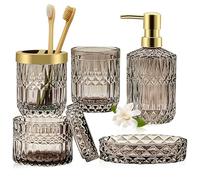 TeamSky Bathroom Accessories Set, 5PCS Glass Set, Includes Lotion Dispenser, Soap Dish, Toothbrush Holder, Tumbler and Jar, Stylish Modern Bathroom Decor (Amber)