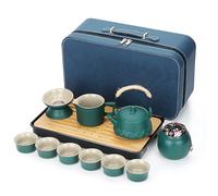 TeamSky Chinese Tea Set with Teapot & 6 Cups, Portable Ceramic Gongfu Tea Set for Adults, Complete Travel Tea Pot Set with Fairness Cup, Bamboo Tray & Carry Bag