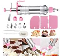 TeamSky Premium Cake Decorating Syringe Kit - 14 Piece Set with 6 Stainless Steel Piping Nozzles & Cleaning Brushes. Reusable Cream Dispenser Tool for Icing, Cupcakes & Biscuits (Pink)