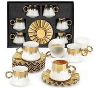 TeamSky White & Gold Turkish-Style Coffee Cup Set - 6 Small Porcelain Cups with Matching Saucers - Gold-Plated Rim