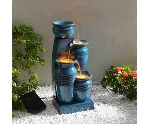 Teamson Home Garden Outdoor Water Feature, 4 Tier Cascading Bowl Design, Solar Powered, With Led Lights, Blue
