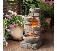 Teamson Home Cascading Bowls & Stacked Stone Outdoor Water Fountain with LED Light, Grey