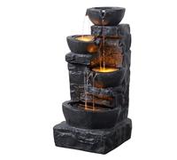 Teamson Home Garden Outdoor Water Feature 4 Tier Cascading Bowl Water Fountain With Warm LED Lights Dark Grey